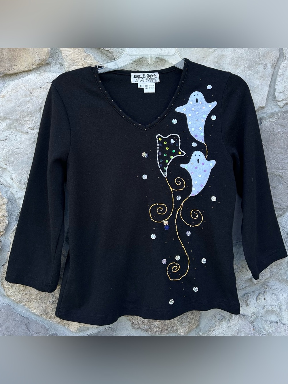 Vintage Jack B. Quick Halloween Shirt Size S Beaded Embroidered Ghost Quirky Fun